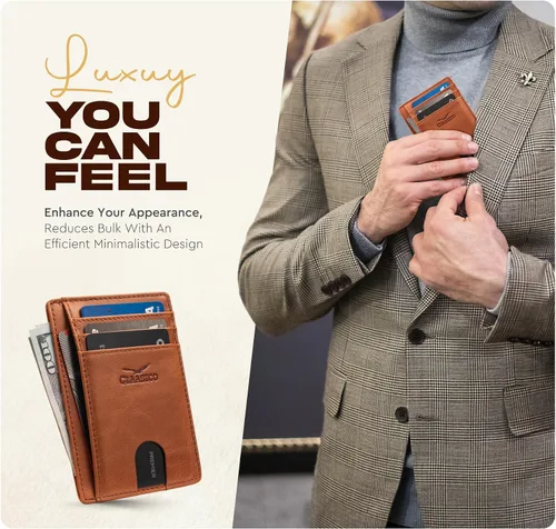 Vista 4 de Claasico Billetera pequeña de bolsillo frontal para hombre con bloqueo RFID, de cuero genuino, tarjetero