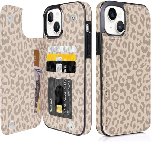 Vista 16 de Funda compatible con iPhone 14/15 con tarjetero y ranuras integradas de piel sintética con función atril y a prueba de golpes para iPhone 14/15
