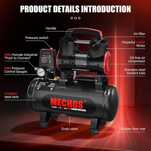 Vista 4 de Compresor de aire portátil con tanque de acero de 3 galones, 1.15 HP 2.2 CFM @ 90 PSI, compresor de aire sin aceite de 116 PSI máx. para garaje, uso