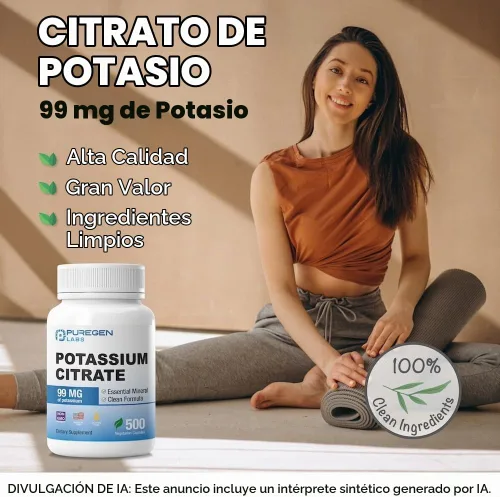 Vista 6 de Citrato de potasio Puregen Labs 99 mg de suplemento elemental de potasio