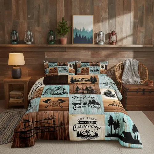 Vista 8 de Juego de ropa de cama con temática de cámper, juego de edredón de cabaña de madera marrón y verde, tamaño matrimonial, 3 piezas, decoración de Multi