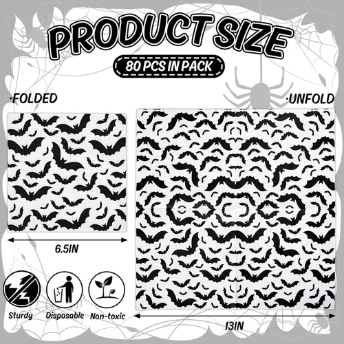 Vista 2 de AnyDesign Paquete de 80 servilletas de papel de Halloween de 6.5 x 6.5 pulgadas, servilletas de papel desechables de murciélago negro, servilletas