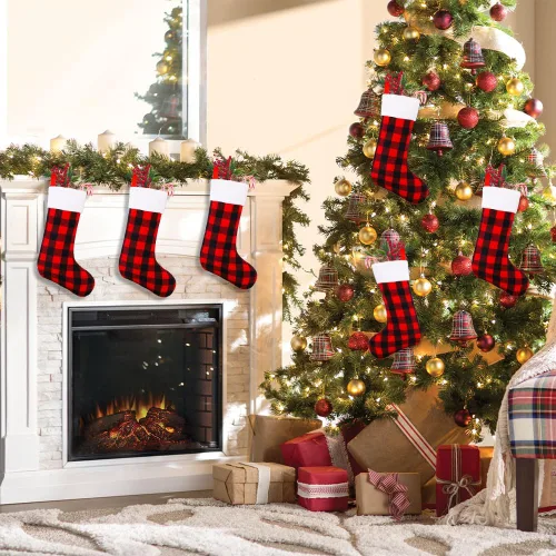 Vista 6 de YUJUN Paquete de 6 medias de Navidad de 22 pulgadas, medias grandes de Navidad a cuadros de búfalo negro y rojo, decoraciones colgantes para árbol