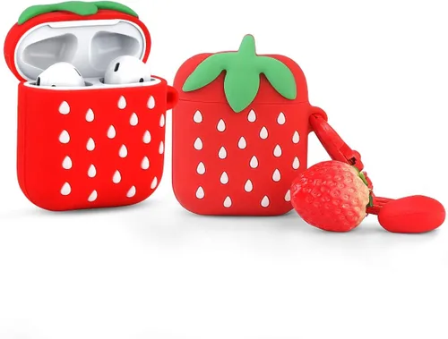 Vista 9 de Airpods - Funda de silicona divertida para Apple Airpods 1 y 2 [Serie de frutas y vegetales] [Mejor regalo para niñas, niños o parejas] (Fresa 3D)