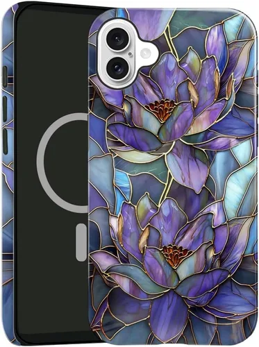 Vista 28 de Funda compatible con iPhone 13, compatible con MagSafe, funda híbrida de 2 capas con prevención de caídas brillante para niñas y niños, arte floral
