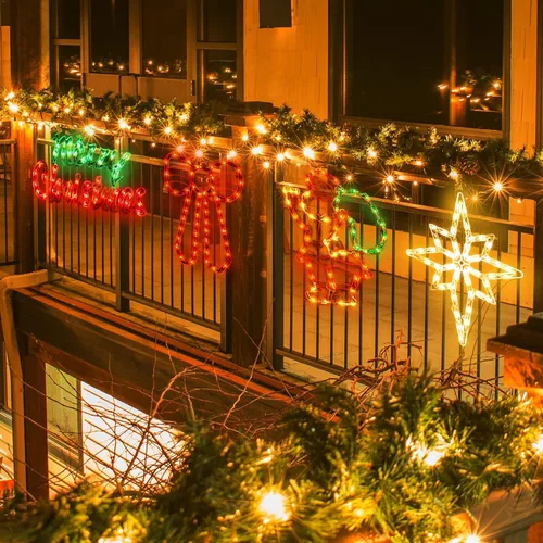 Vista 2 de LAMPHOME Paquete de 4 luces iluminadas con diseño de Feliz Navidad, lazo, Papá Noel, estrella de Belén, decoración de ventana para Navidad, fiesta