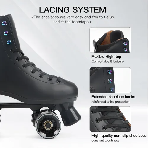 Vista 10 de Besketo Classic High-top Roller Skates, PU Leather, Four-Wheel, Indoor/Outdoor, Beginner