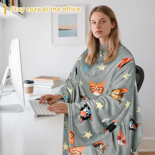 Vista 3 de Catalonia Manta con estampado de gato y perro para llevar puesta, acogedora y suave con mangas, manta larga de forro de vellón cálida y cómoda
