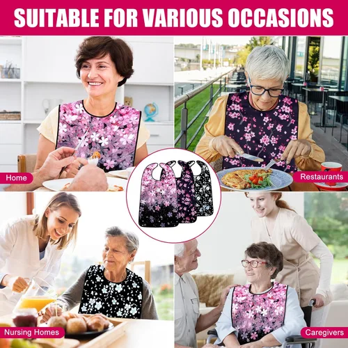 Vista 4 de Baberos para adultos, paquete de 3 baberos para adultos con flor de cerezo para mujeres, lavables con atrapa migas (negro y rosa, paquete de 3)