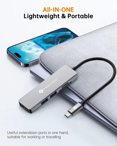 Vista 6 de NOVOO Hub USB C 5 en 1 con adaptador HDMI 4K, 2 puertos USB 3.0, 1 puerto de memoria SD, 1 lector de tarjetas microSD 2 puertos USB 3.0, 1 puerto