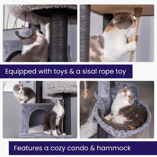 Vista 7 de Catry Bradbury - Árbol para gatos moderno de 7 niveles y 62.5 pulgadas con postes rascadores reemplazables, condominio grande, dos camas lavables
