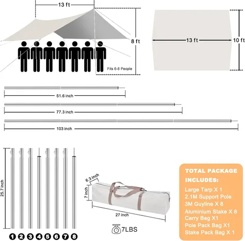 Vista 7 de SHANQUAN Lona de camping con postes de 10 x 13 pies, impermeable y con protección UV, hamaca ligera para refugio de lluvia, mosca, refugio solar
