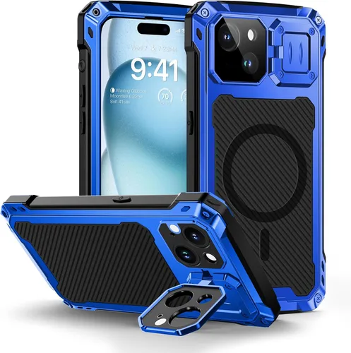 Vista 13 de Lanhiem Funda de metal para iPhone 13 con funda de cámara y soporte [compatible con MagSafe] [Soporte integrado] [Protección de grado militar] Funda