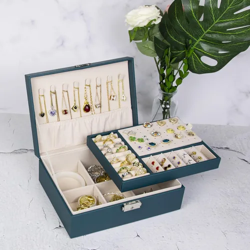 Vista 7 de SYCARON Joyero organizador para mujeres y niñas, estuche organizador de joyas de 2 capas, caja de almacenamiento de joyería de piel sintética