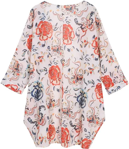 Vista 4 de olrain - Cárdigan tipo kimono suelto informal con manga 34 de gasa transparente con estampado floral para mujer
