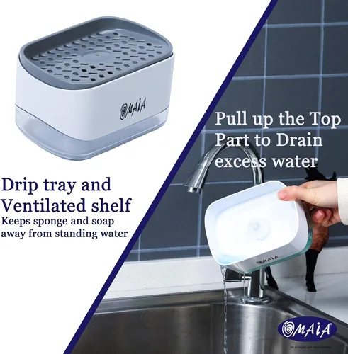 Vista 4 de OMAIA Dispensador de jabón para platos 2 en 1 con soporte para esponja, dispositivo de cocina inteligente, organizador de encimera de fregadero