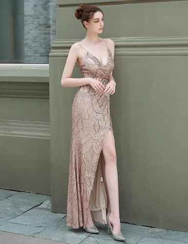 Vista 3 de A ARFAR Vestido de fiesta de lentejuelas para mujer, con cuello en V, vestido de tirantes esfagetti, vestido sexy de abertura alta, vestidos