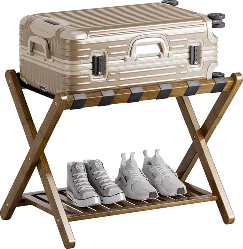 Vista 12 de SMIBUY Portaequipajes, soporte plegable de bambú para maleta con estante de almacenamiento para habitación de invitados, dormitorio, hotel, Natural