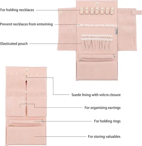 Vista 3 de Becko - Organizador de joyas para múltiples collares anillos pulseras de piel flexible y gamuza gran capacidad sin arrugas ligero portátil
