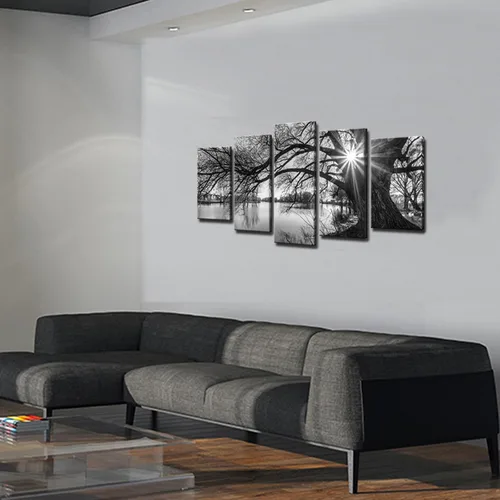 Vista 5 de sechars - 5 piezas de arte de pared, diseño de árbol viejo por lago, pintura de amanecer, paisaje blanco y negro, decoración moderna de pared