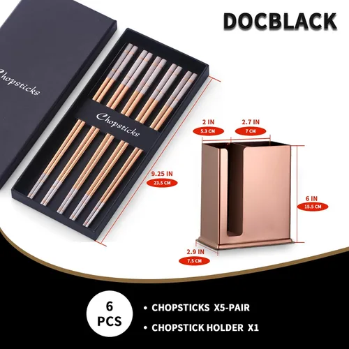 Vista 5 de DOCBLACK Palillos de acero inoxidable con soporte para palillos, estante de secado de utensilios, 5 pares de palillos reutilizables aptos