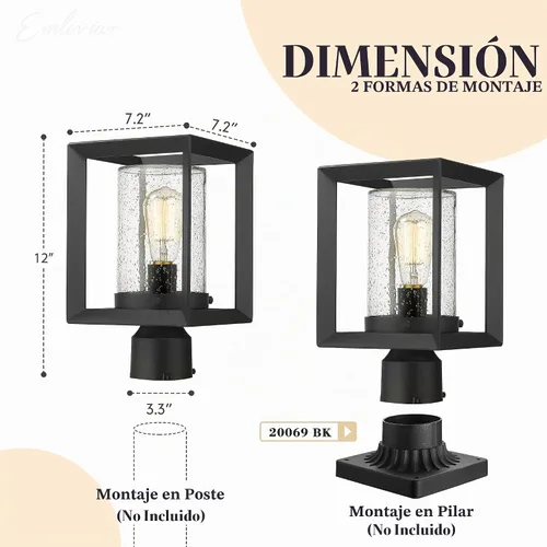 Vista 5 de Emliviar Luces de Poste Accesorio para Exteriores, Farol de Poste de 1 Luz, Acabado Negro, Vidrio Granulado, 2083P BK Luz de poste sin función
