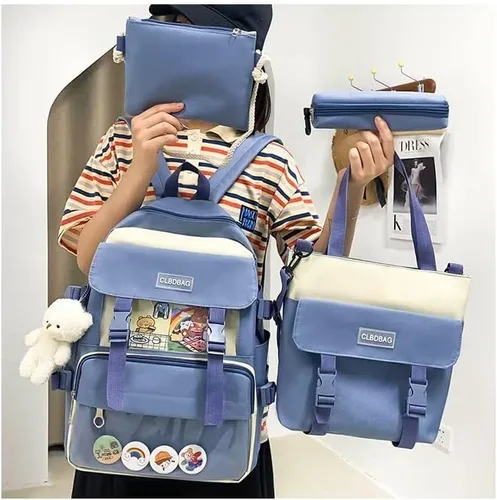 Vista 2 de MOJIDUO Juego de 4 mochilas Kawaii con bonitos colgantes e insignias de felpa, mochila escolar de alta capacidad, bonita mochila estética, Azul