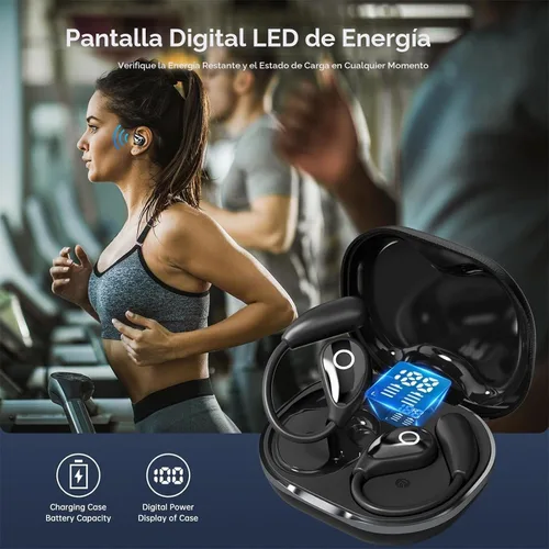 Vista 6 de Auriculares Inalámbricos de Oído Abierto Bluetooth, Auriculares de Conducción Aérea Libres de Dolor con Estuche de Carga de Pantalla Digital LED
