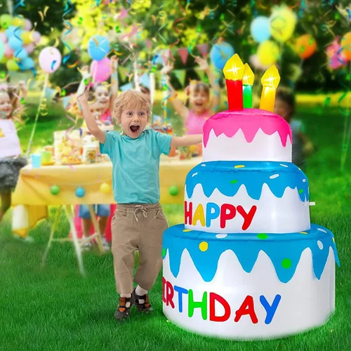Vista 3 de Decoraciones inflables de pastel de cumpleaños feliz de 4 pies para exteriores con luces, decoración hinchable de fiesta de cumpleaños de días