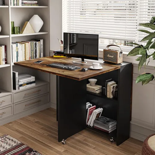 Vista 6 de Mesa de comedor plegable Tiptiper con 6 ruedas, mesa de cocina plegable con estante de almacenamiento de 2 capas, mesa de comedor que ahorra espacio