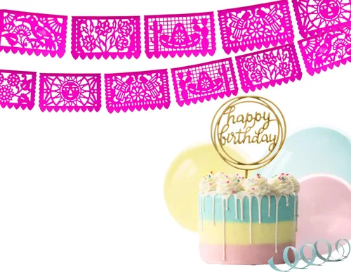 Vista 7 de Pancartas rosadas de Picado Picado, decoraciones de fiesta temática mexicana rosa, banderas mexicanas, decoraciones colgantes de fiesta de México