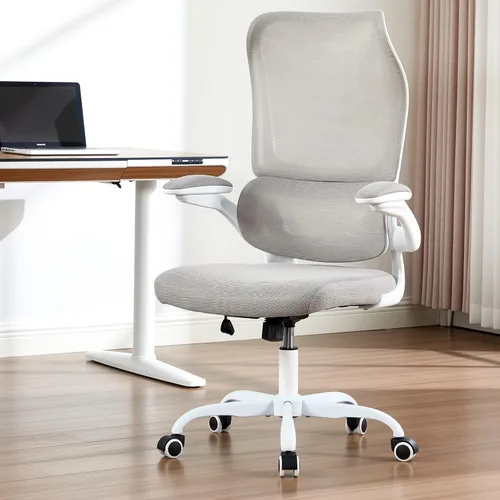 Vista 2 de Silla de oficina ergonómica, silla de escritorio de malla transpirable con respaldo alto para computadora con soporte lumbar ajustable y Blanco