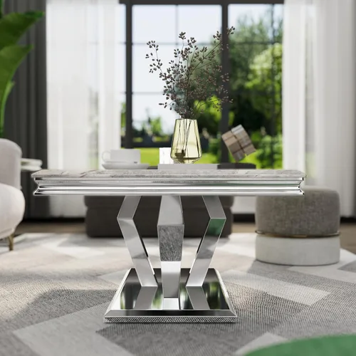 Vista 8 de ACEDÉCOR Mesa auxiliar, mesa de centro plateada con cuatro bases geométricas de espejo, mesa auxiliar rectangular con marco de metal resistente