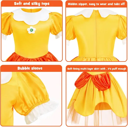 Vista 3 de Oskiner Princess Daisy Costume for Girls,Princess Daisy Dress for Kids Cosplay Halloween Dress Up Outfit