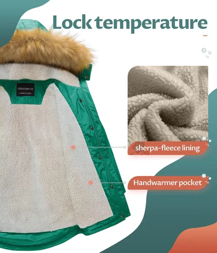Vista 3 de CREATMO US Chaqueta de esquí acolchada con cuello recortado de sherpa para niña