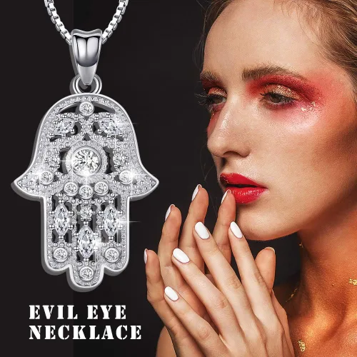 Vista 103 de Aniu Joyería de plata de ley 925 Hamsa de Fátima para mujer con circonita cúbica, viene con caja de regalo negra
