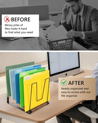 Vista 8 de HULISEN Organizador de archivos de escritorio inclinado, soporte vertical para carpetas de archivos de 5 secciones, estante clasificador de archivos