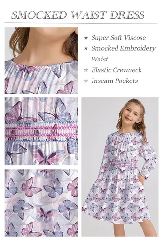 Vista 3 de Vestido floral con cintura fruncida para niñas, ropa de juego para la iglesia, vacaciones, vestido midi suave con bolsillos