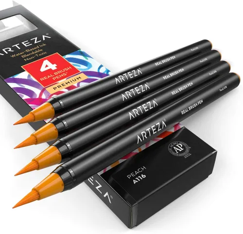 Vista 25 de Arteza Bolígrafos de pincel real, A174 gris delfín, paquete de 4, bolígrafos de acuarela con puntas de pincel de nailon, suministros de arte