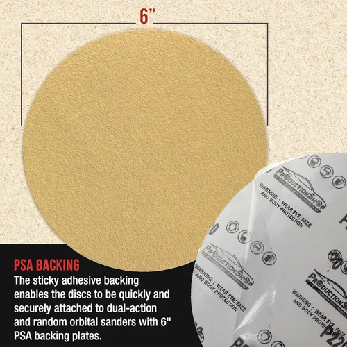 Vista 3 de ProductionShop Discos de lijado dorados PSA de grano 60 de 6 pulgadas, caja de 80 unidades, papel de lija abrasivo autoadhesivo para lijadoras