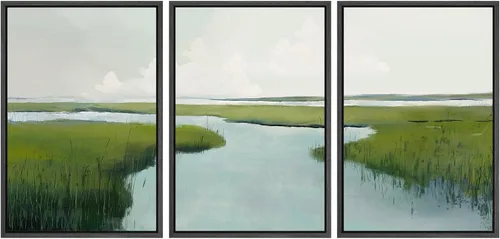 Vista 143 de SIGNWIN Lienzo enmarcado para pared, juego de arte sereno de pantanos con humedales verdes e ilustraciones de agua tranquila, arte moderno