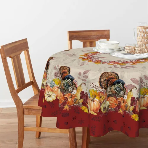 Vista 2 de Horaldaily Mantel redondo de Acción de Gracias, 60 x 60 pulgadas, diseño de pavo y calabaza, otoño, cosecha, vintage, lavable, para fiesta, picnic