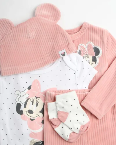 Vista 3 de Disney Baby Girls Take Me Home - Conjunto de 5 piezas de Minnie Mouse enterizo, camisa, pantalones, sombrero, calcetines, esencial para recién