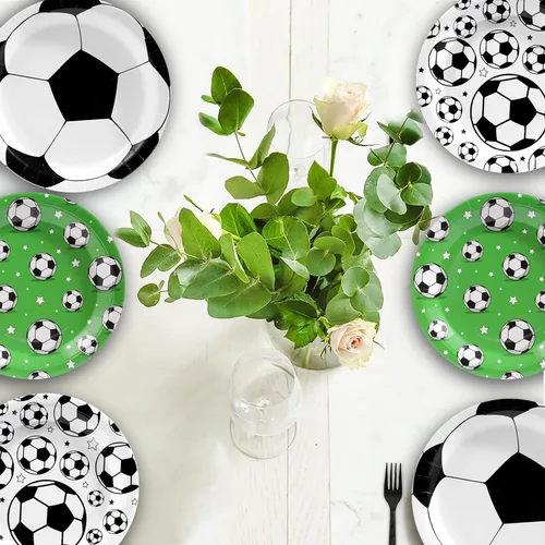 Vista 5 de Suministros de decoración de fiesta de fútbol – 60 platos desechables temáticos de fútbol y recuerdos para cumpleaños de niño o baby shower