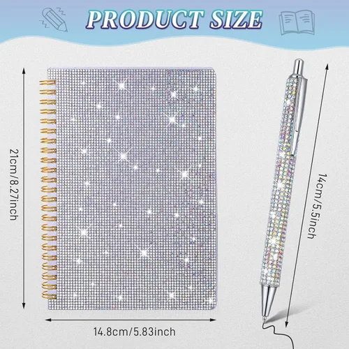 Vista 2 de Jetec 2 cuadernos con diamantes de imitación en espiral y juegos de bolígrafos de cristal y diario, cuaderno de viaje con diamantes para mujeres