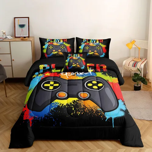 Vista 11 de ROWADALO Juego de ropa de cama de 5 piezas para niños, juego de edredón para niños jugadores, tamaño individual, juego de edredón de videojuegos