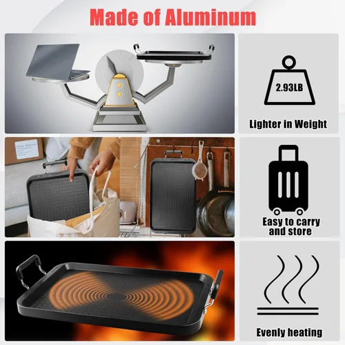 Vista 4 de Plancha superior para estufa de gas, sartén de doble quemador resistente a la deformación de 17 pulgadas, parrilla de aluminio antiadherente
