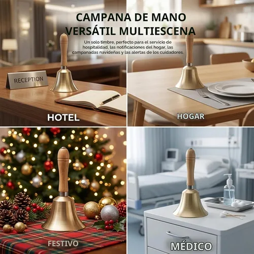 Vista 6 de Campana de llamada de mano de latón macizo extra fuerte con mango de madera