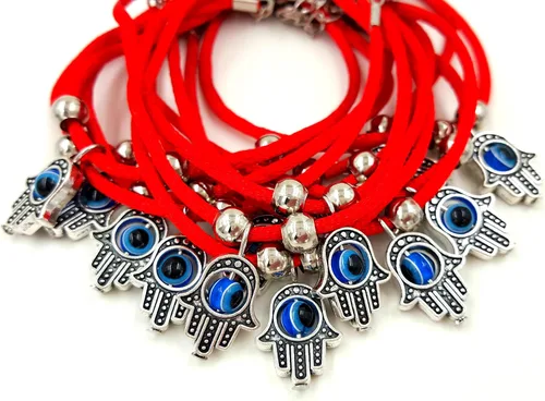 Vista 2 de Treasure4U-store 5 pulseras de cuerda roja de cábala con mano Hamsa y protección contra el mal de ojo azul pulseras ajustables con dije