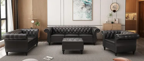 Vista 7 de AVZEAR Sofá Chesterfield de 84 pulgadas, 3 plazas, sofá clásico de cuero PU con brazos enrollados y respaldo con botones capitoné, sofá tipo canapé